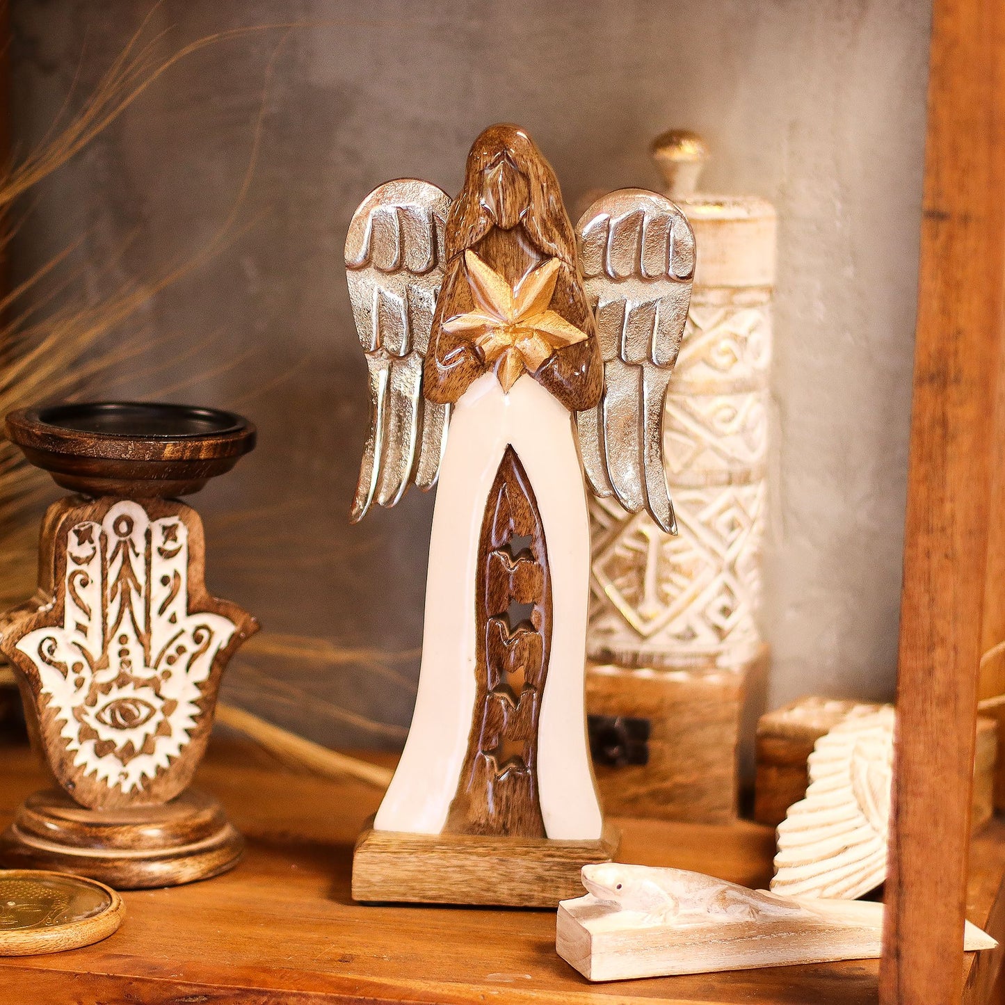 Large Mango Wood Star Angel Metal Wings & Enamel Detail