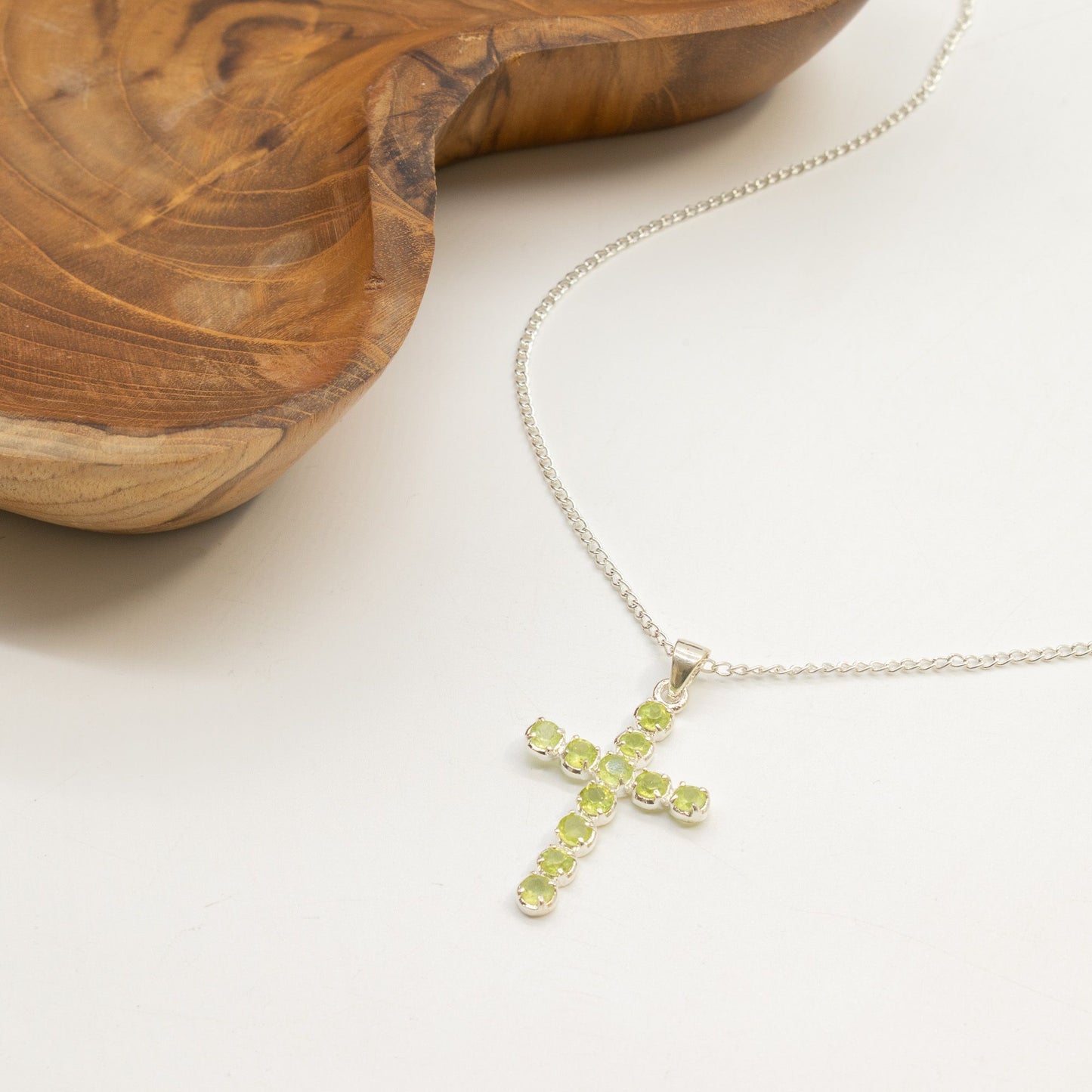 Indian Devotional Pendant - Silver Plated (45cm Chain)- Peridot Crucifix – lifestyle shot