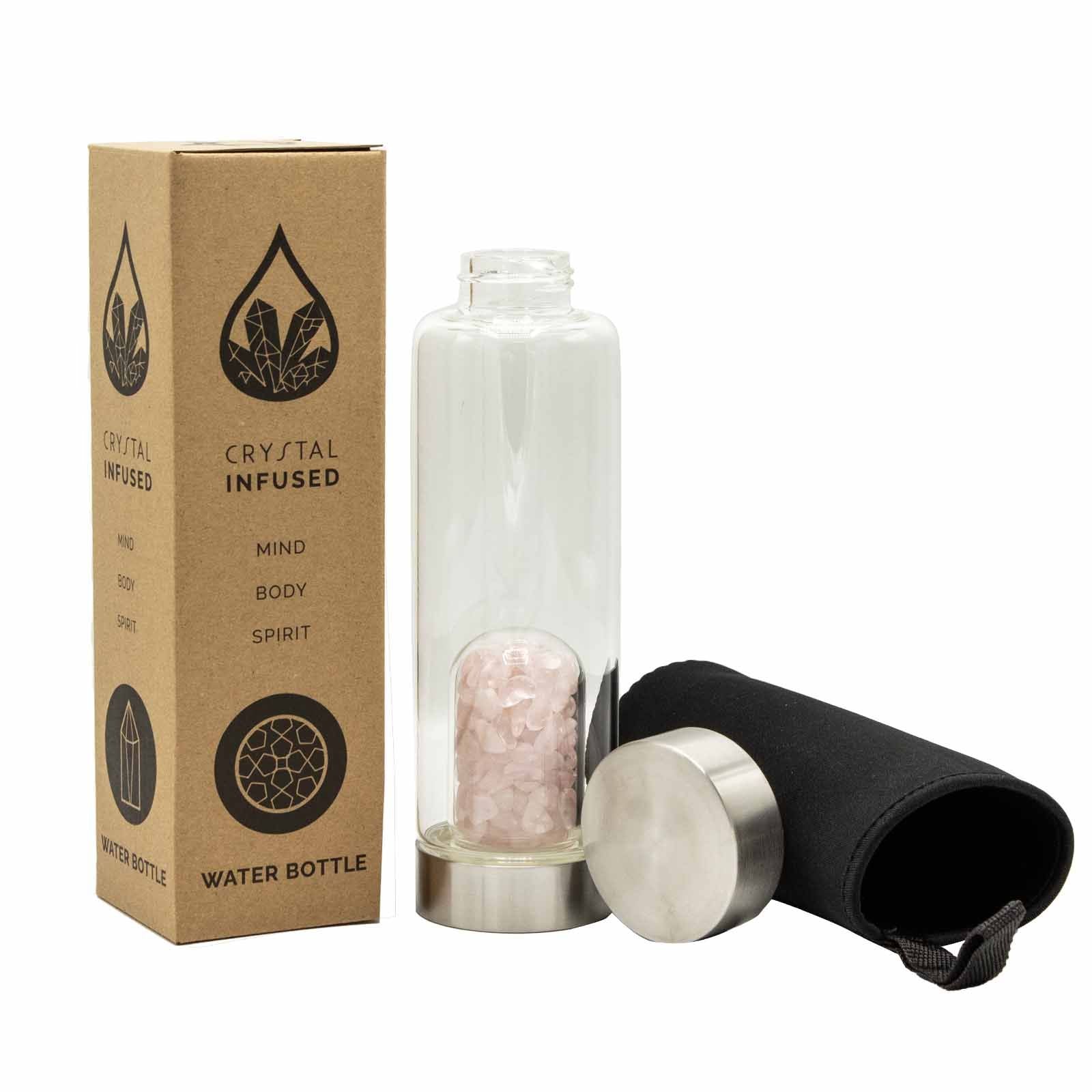 Crystal Infused Glass Water Bottle - Rejuvenating Rose Quartz - Chips – lifestyle shot