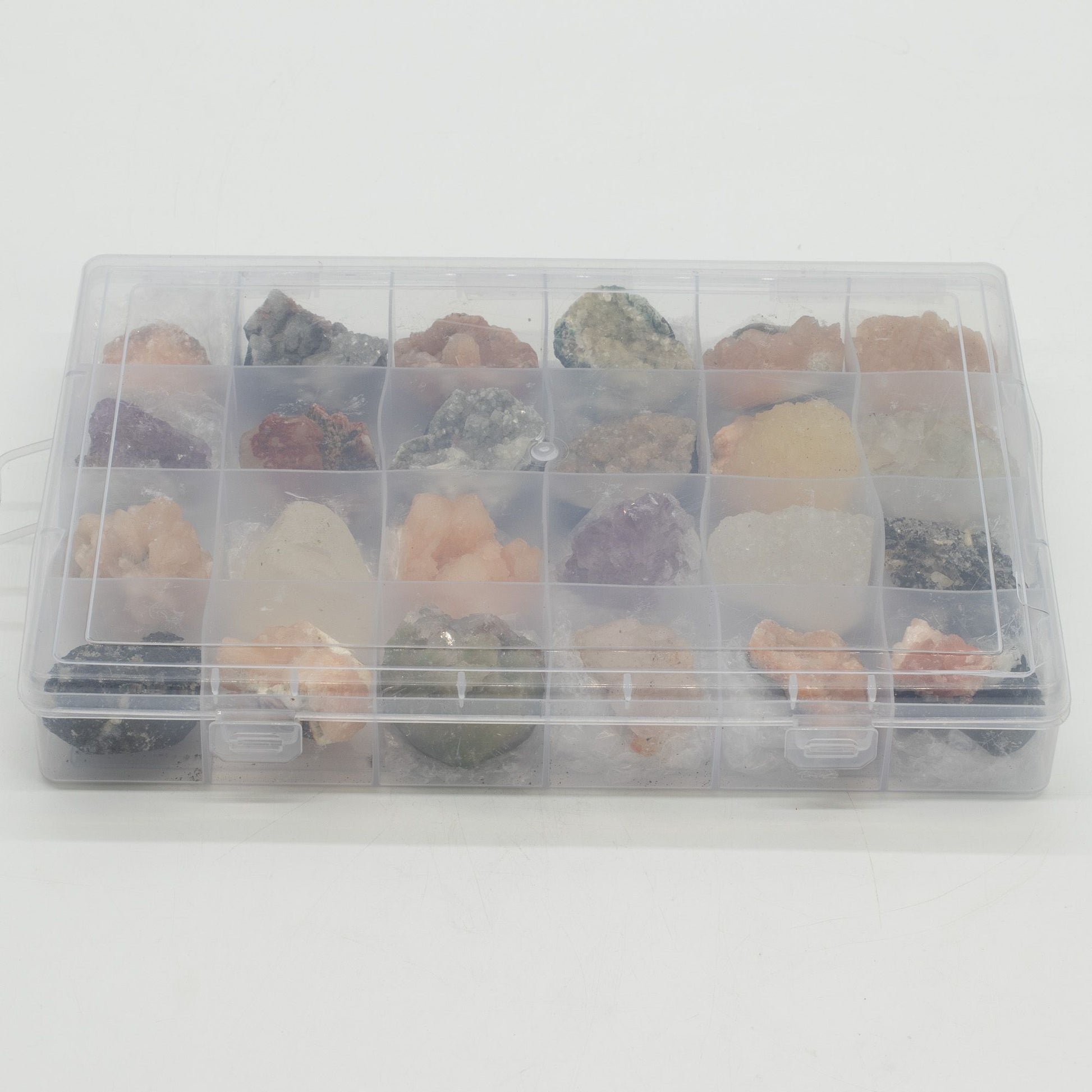 Mineral Specimens - Mixed Indian Zeolites in a Display (White Apophyllite, Stilbite,Finger Quartz, Amethyst, Green Stilbite, Heulandite) – product image 9