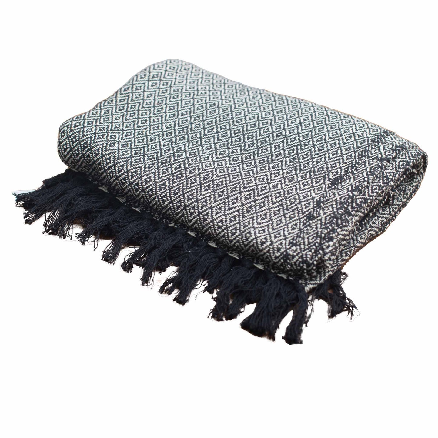 Midnight Weave Boho Throw – Charcoal Diamond Pattern