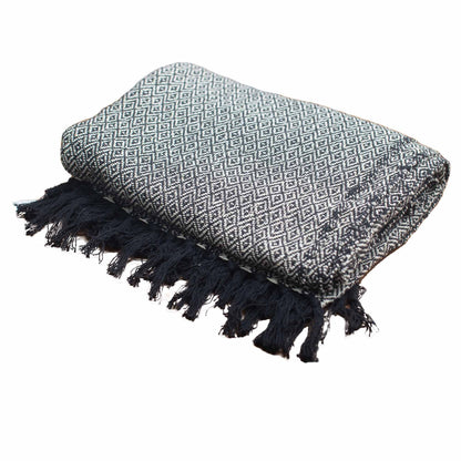 Midnight Weave Boho Throw – Charcoal Diamond Pattern