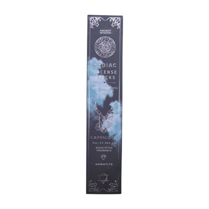 Box of Capricorn zodiac incense sticks with decorative design on a white background