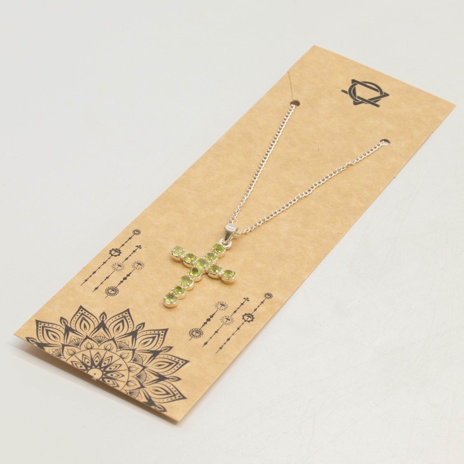 Indian Devotional Pendant - Silver Plated (45cm Chain)- Peridot Crucifix – packaging
