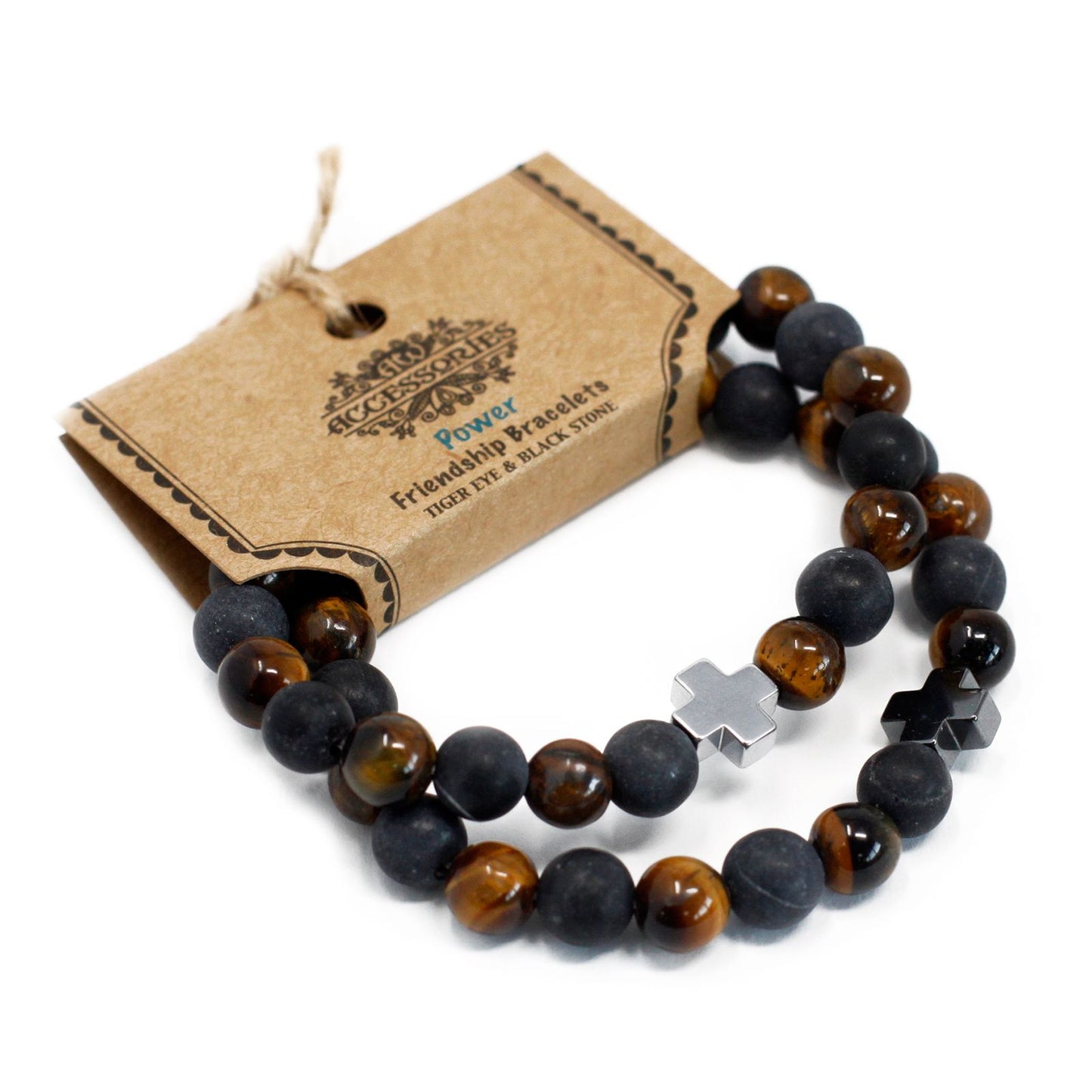 Set of 2 Gemstones Friendship Bracelets - Power - Tiger Eye & Black Stone | Auro & Co