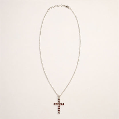 Indian Devotional Pendant - Silver Plated (45cm Chain)- Garnet Crucifix | Auro & Co
