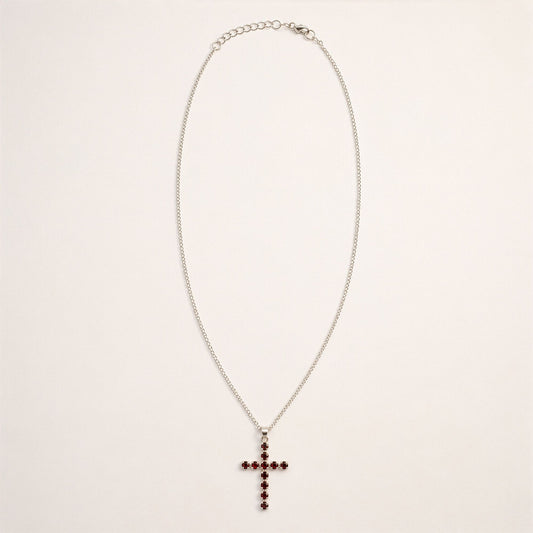 Indian Devotional Pendant - Silver Plated (45cm Chain)- Garnet Crucifix | Auro & Co