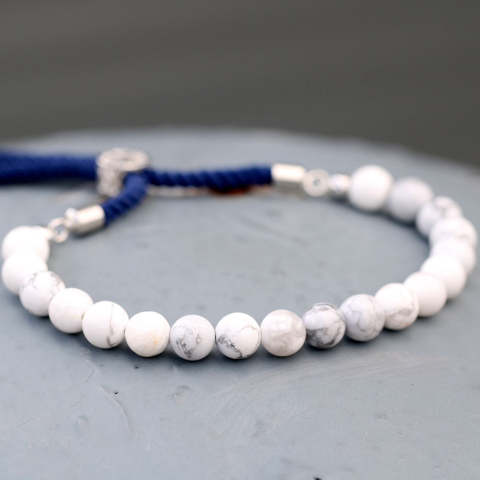 925 Silver Plated Gemstone Navy String Bracelet - White Howlite – lifestyle shot