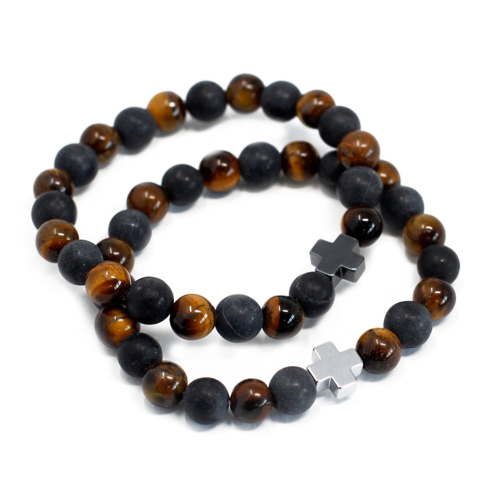 Set of 2 Gemstones Friendship Bracelets - Power - Tiger Eye & Black Stone – detail view