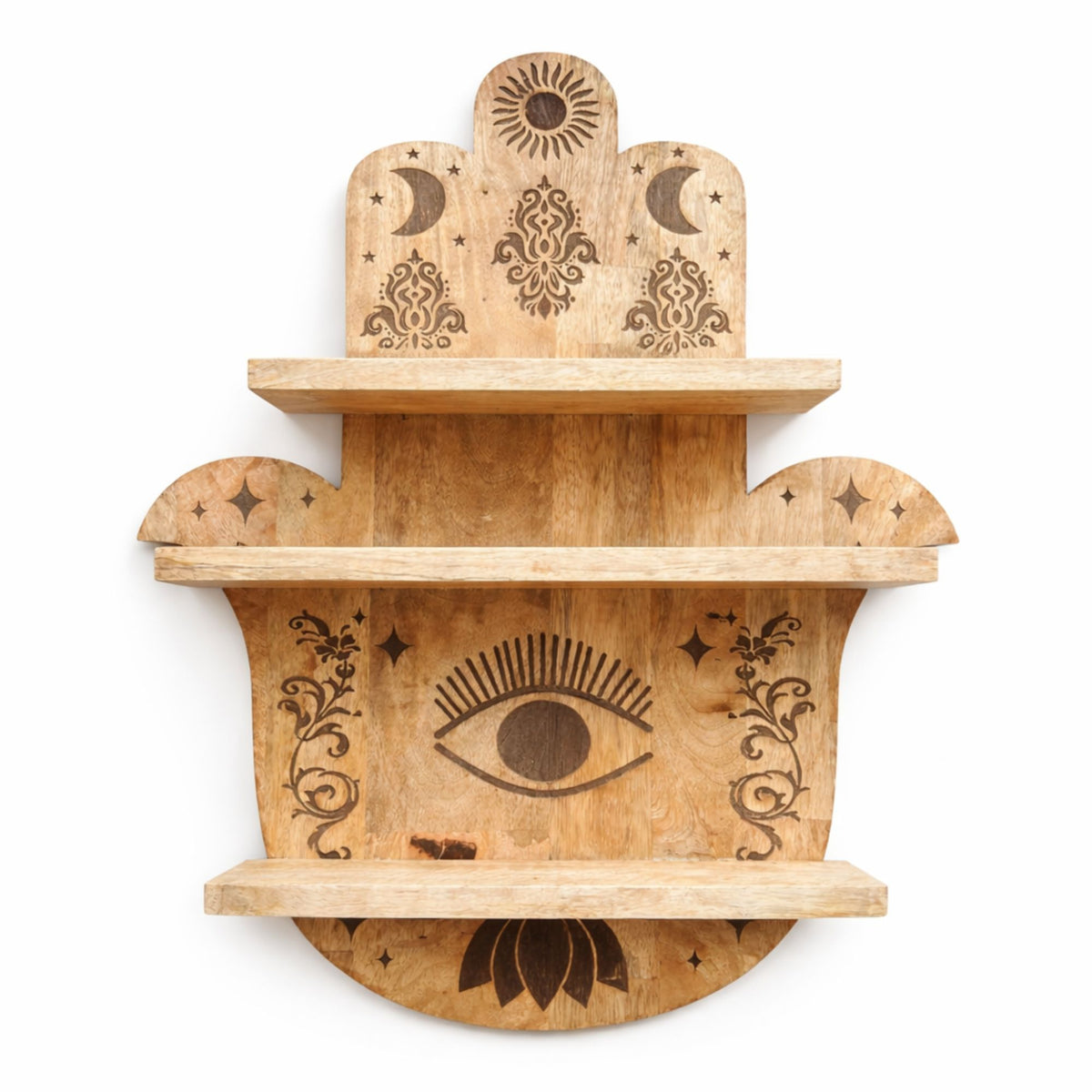 Hamsa Shaped Wall Shelf, Carved Mango Wood, 60cm