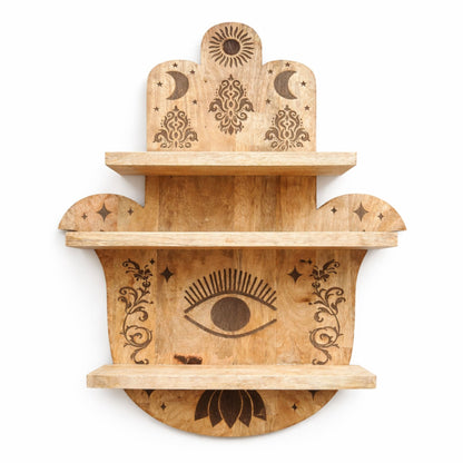 Hamsa Shaped Wall Shelf, Carved Mango Wood, 60cm