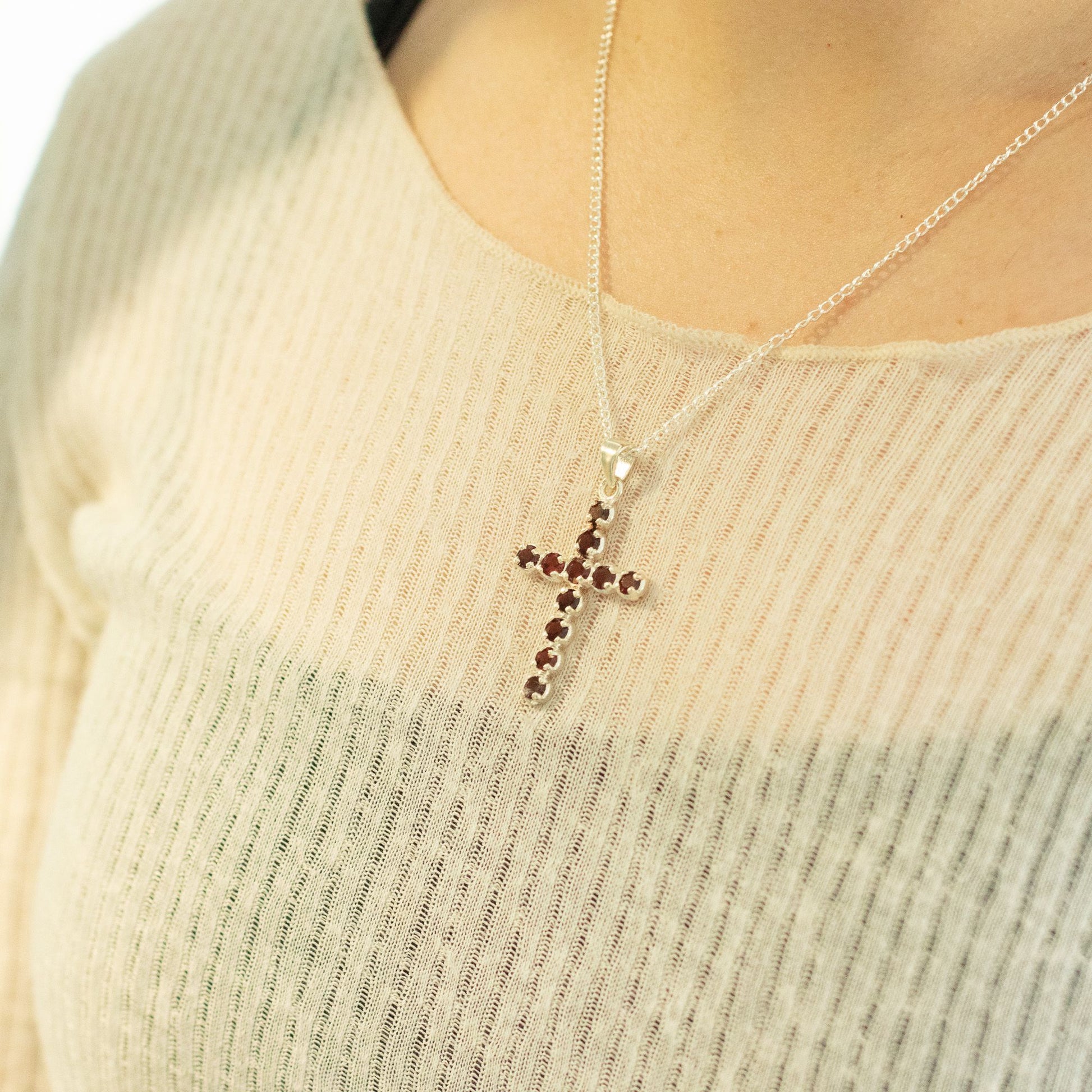 Indian Devotional Pendant - Silver Plated (45cm Chain)- Garnet Crucifix – product image 5