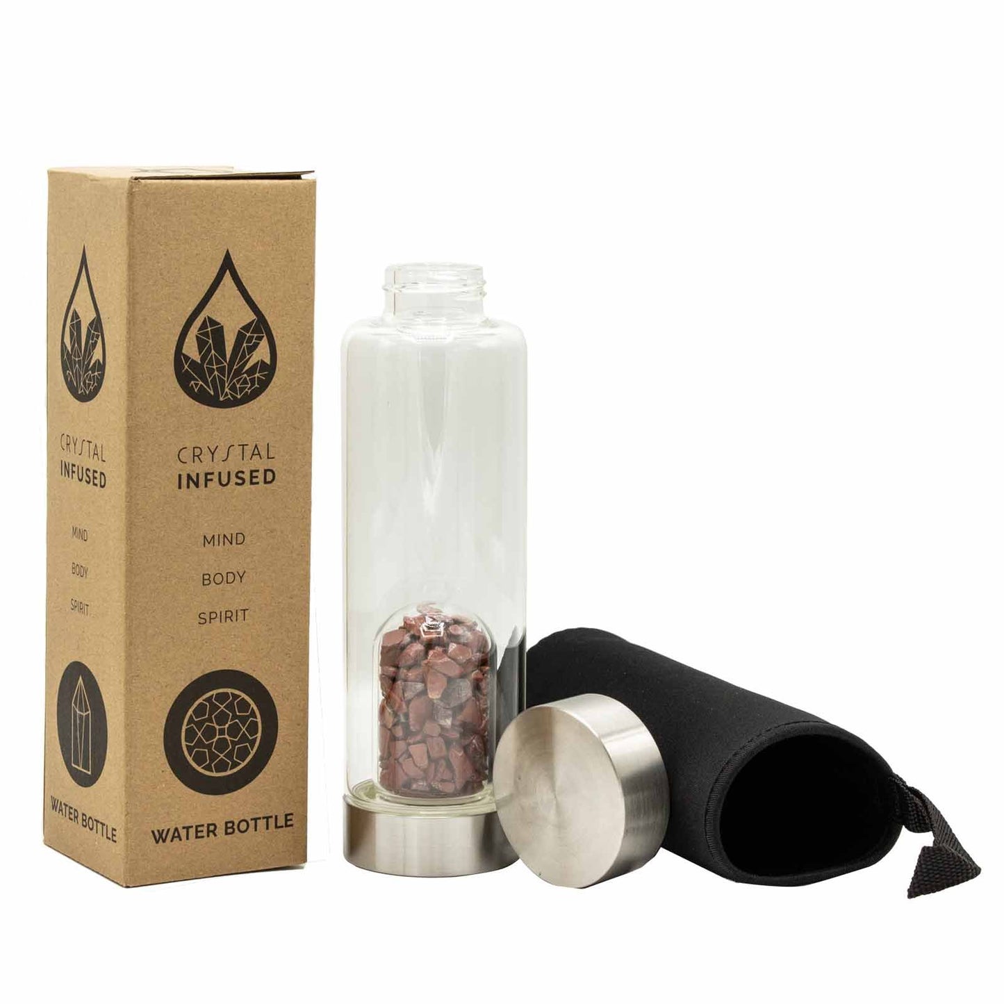 Crystal Infused Glass Water Bottle - Invigorating Red Jasper - Chips – lifestyle shot