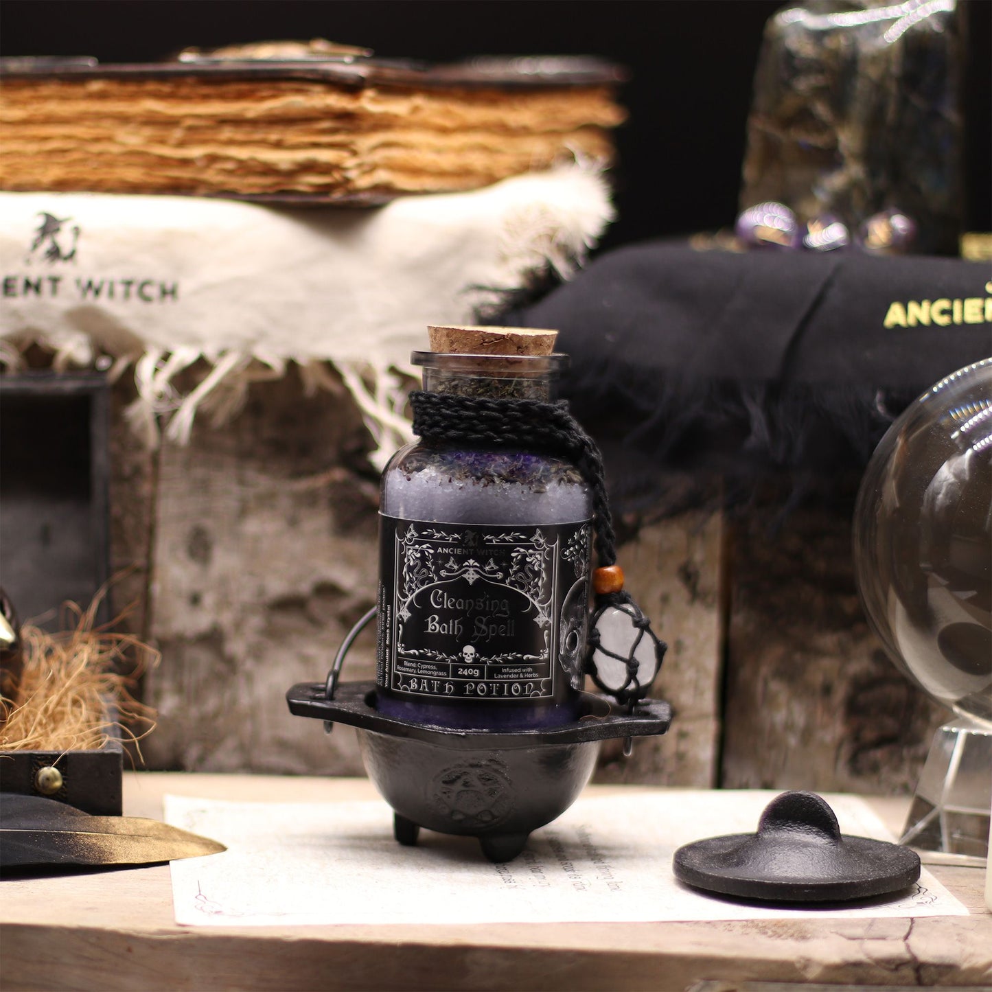 Ancient Witch Bath Spell Potion & Rock Crystal Amulet - Cleansing – packaging