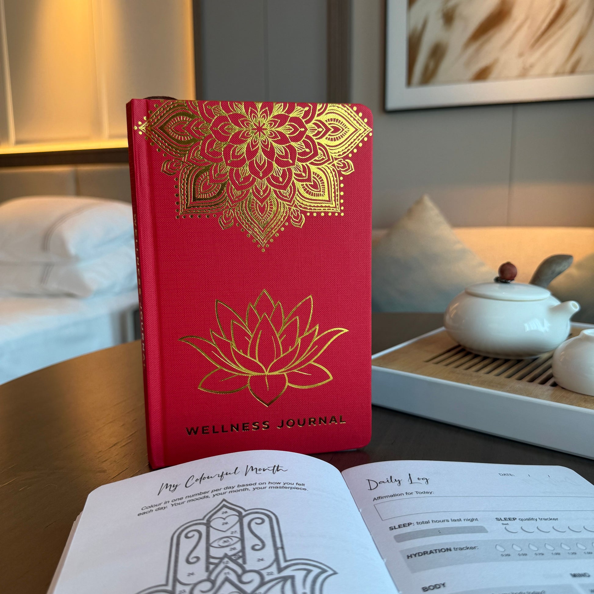 Red Wellness Journal - 120 pages - Golden Mandala and Lotus – detail view