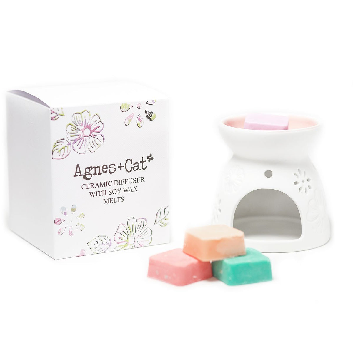 Ceramic Floral Wax Melt Burner with 4 Soy Wax Melts - Agnes + Cat