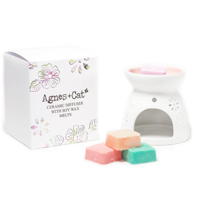 Ceramic Floral Wax Melt Burner with 4 Soy Wax Melts - Agnes + Cat