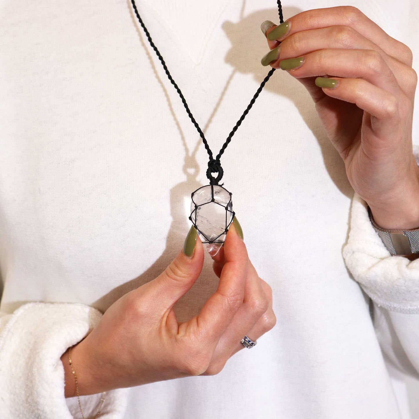 Laced Gemstone Teardrop Pendant - Rock Quartz – lifestyle shot