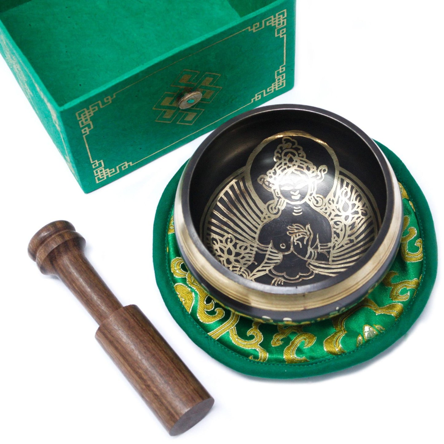 Green Tara Singing Bowl Set 10cm (min 380gm) – lifestyle shot