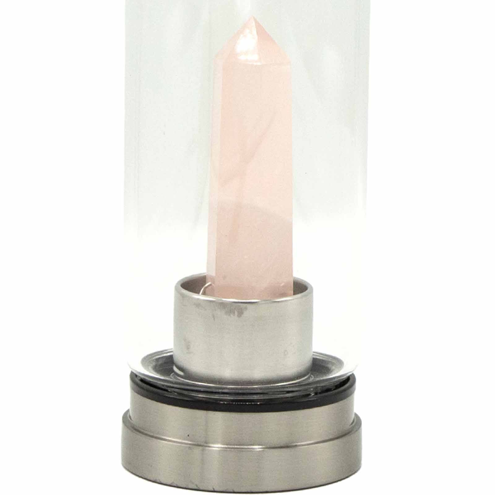Crystal Infused Glass Water Bottle - Rejuvenating Rose Quartz - Obelisk – detail view