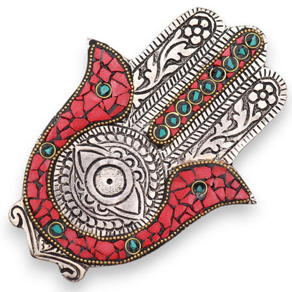 Hamsa Incense Holder - Red & Green Aluminium, 13x5.5cm