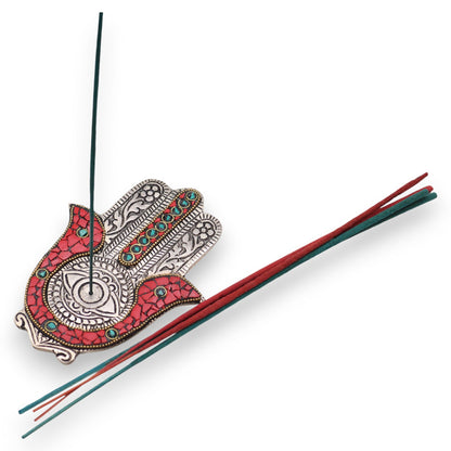 Hamsa Incense Holder - Red & Green Aluminium, 13x5.5cm
