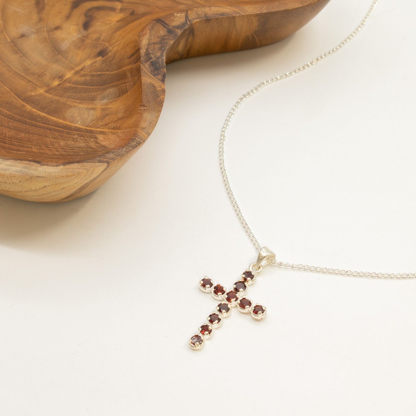 Indian Devotional Pendant - Silver Plated (45cm Chain)- Garnet Crucifix – detail view