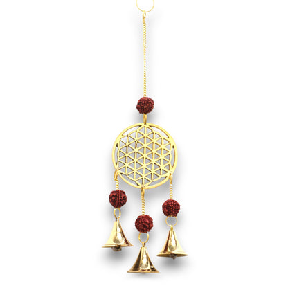 Flower of Life Brass Chime, Rudraksha Beads, 3 Bells