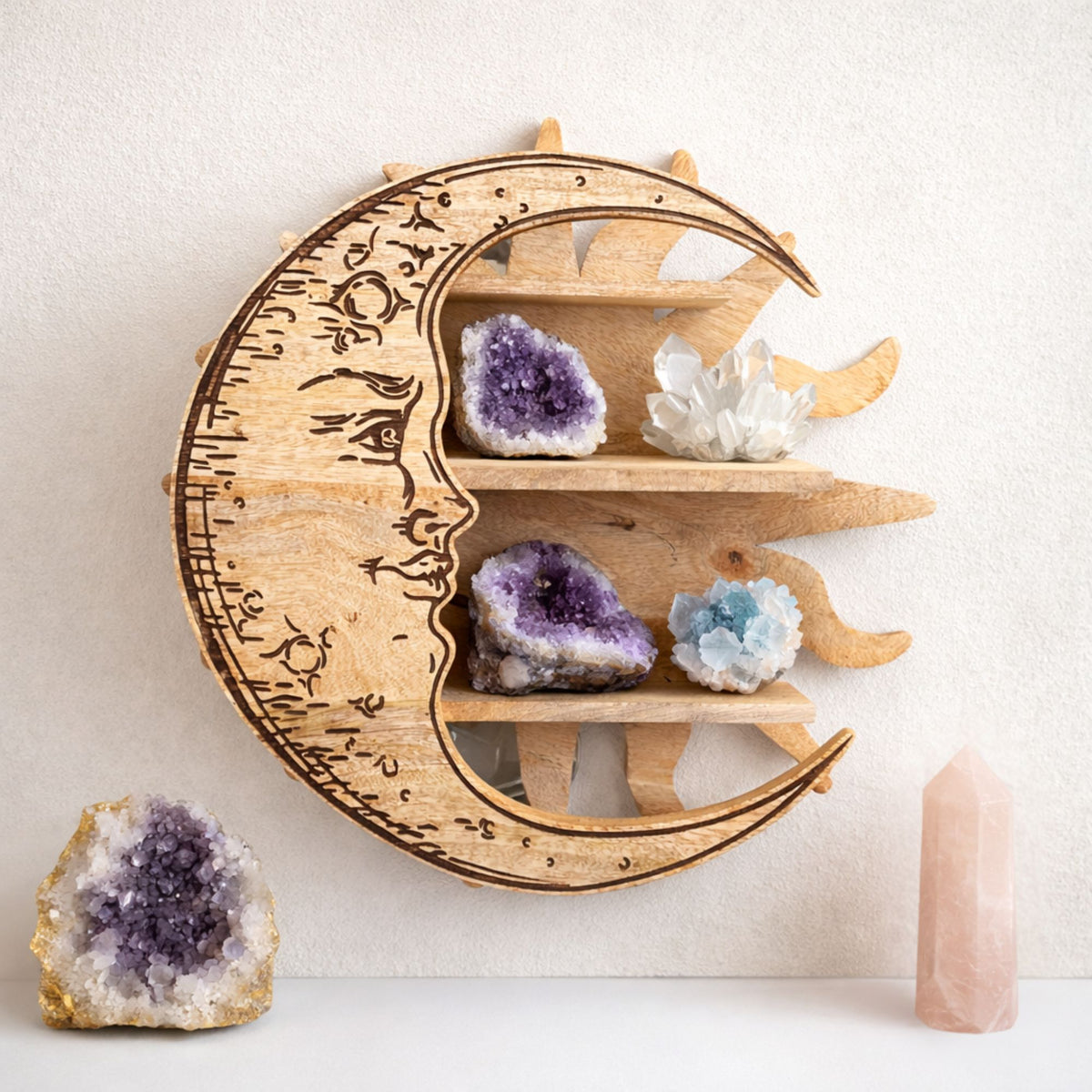 Sunrays & Moon 3 Tier Wall Shelf, Mango Wood