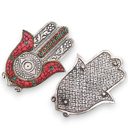 Hamsa Incense Holder - Red & Green Aluminium, 13x5.5cm