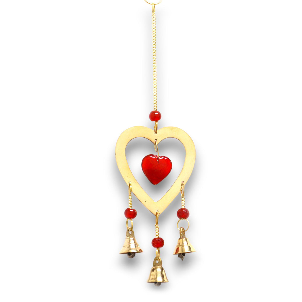 Ruby Glass Heart Bead Brass Chime, 3 Bells