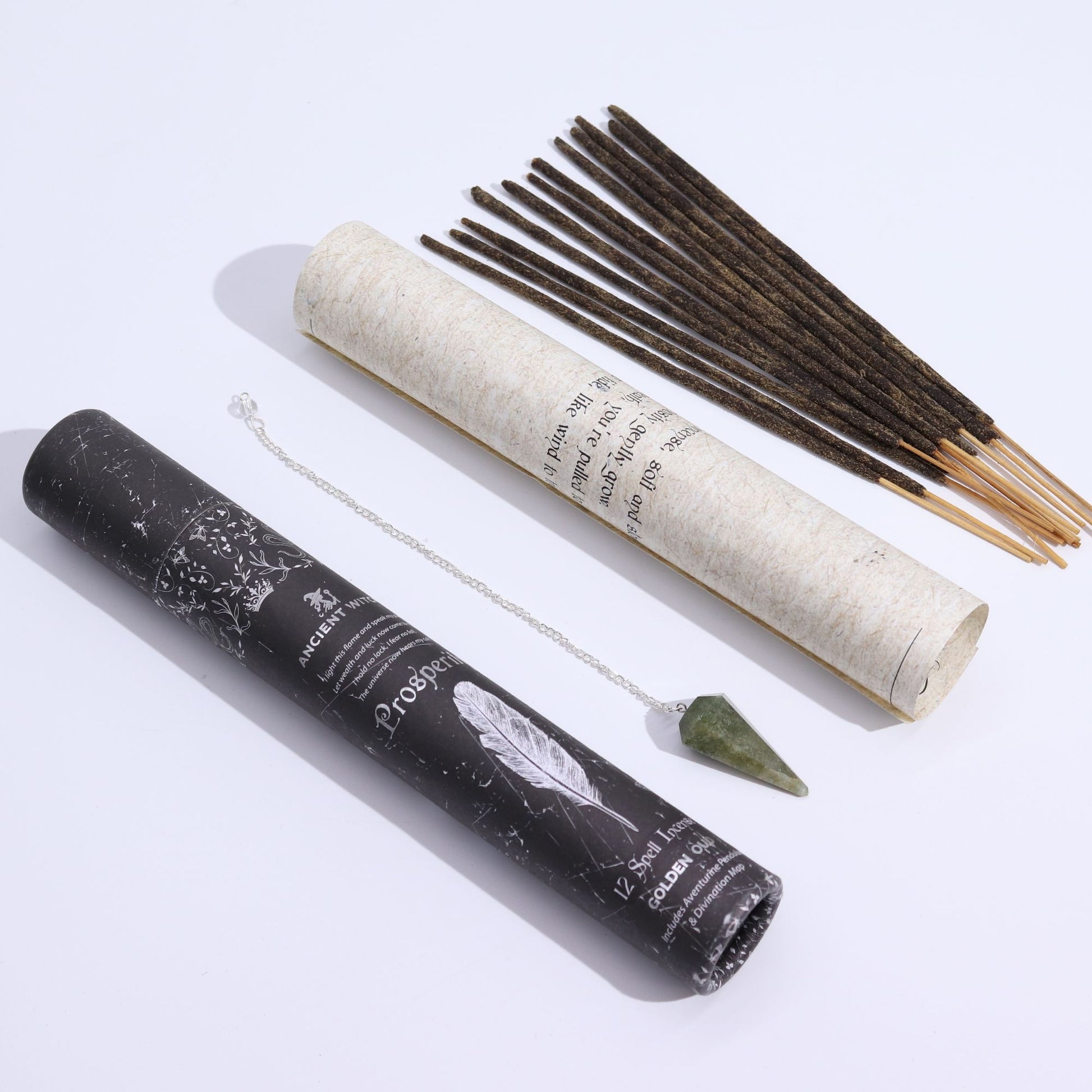 Ancient Witch Spell Incense - Prosperity - Aventurine Pendulum – packaging