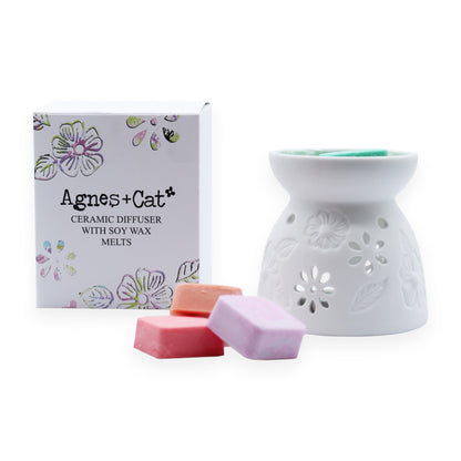 Ceramic Floral Wax Melt Burner with 4 Soy Wax Melts - Agnes + Cat