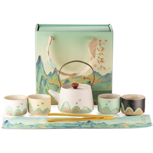 Thousand Miles Ceramic Tea Set, Four Cups with Ceremonial Cloth