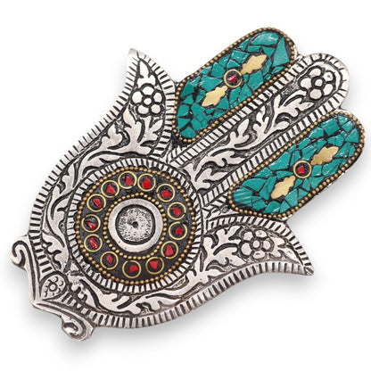 Hamsa Incense Holder - Green Aluminium, 13x5.5cm