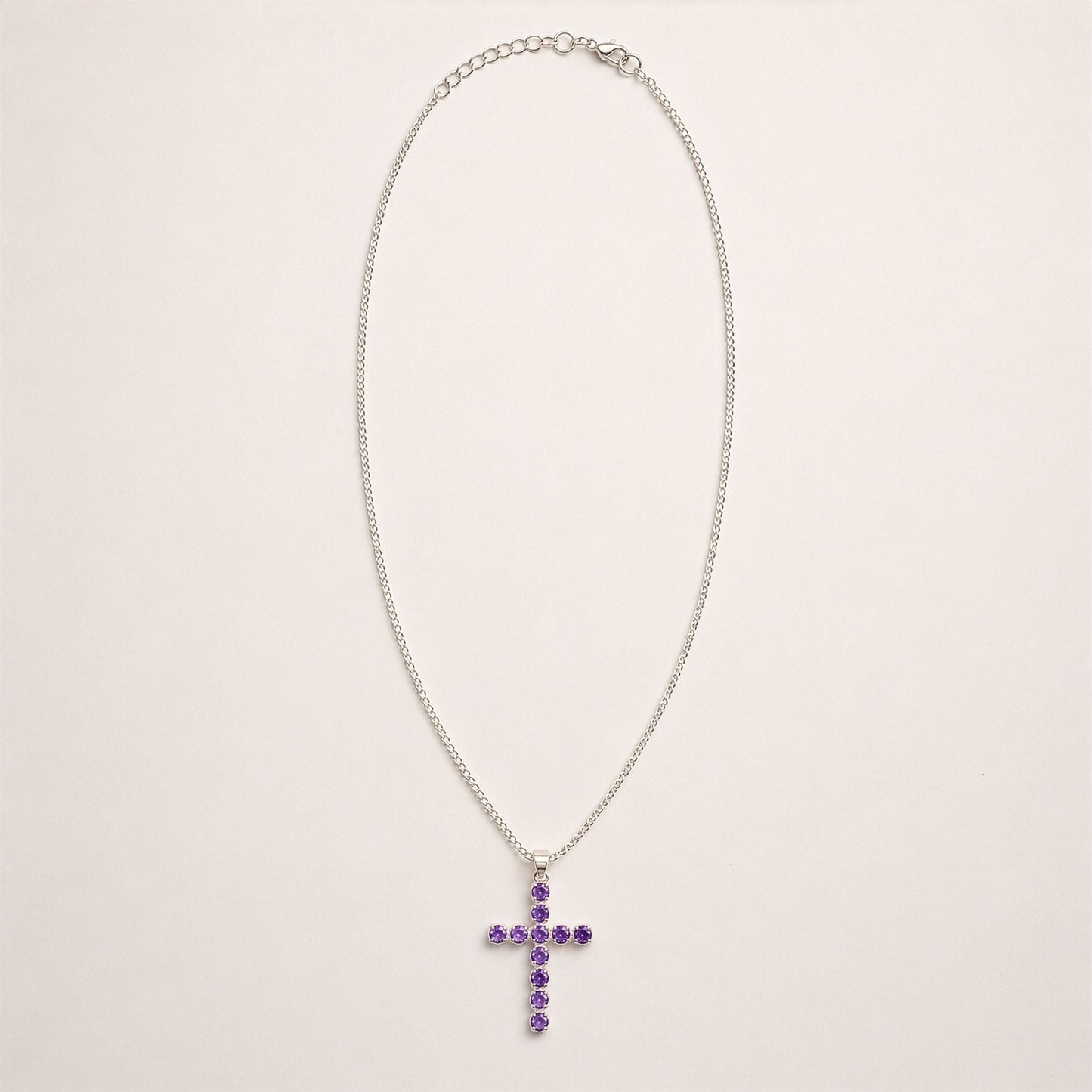 Indian Devotional Pendant - Silver Plated (45cm Chain)- Amethyst Crucifix | Auro & Co