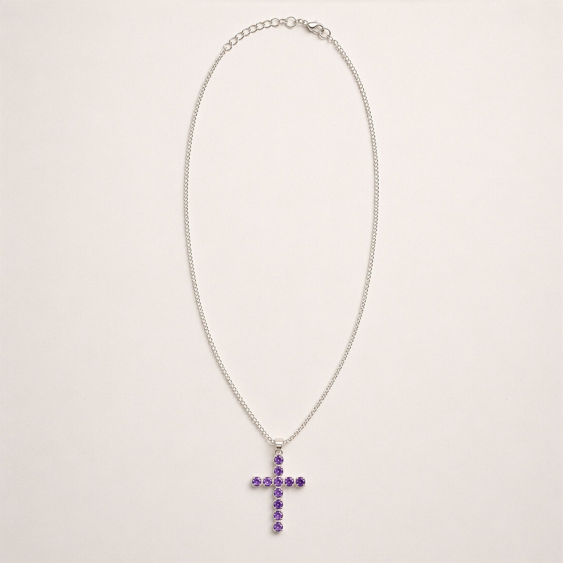 Indian Devotional Pendant - Silver Plated (45cm Chain)- Amethyst Crucifix | Auro & Co