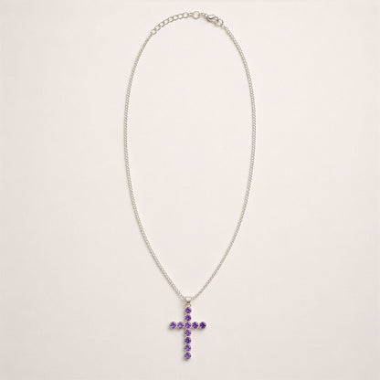 Indian Devotional Pendant - Silver Plated (45cm Chain)- Amethyst Crucifix | Auro & Co