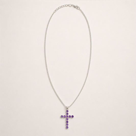 Indian Devotional Pendant - Silver Plated (45cm Chain)- Amethyst Crucifix | Auro & Co