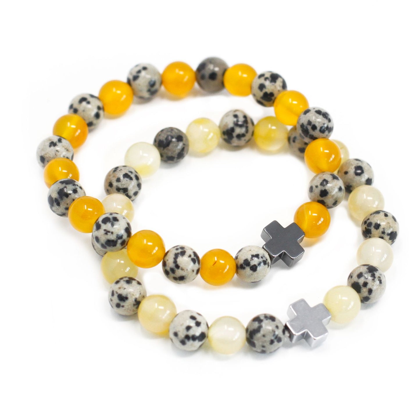 Set of 2 Gemstones Friendship Bracelets - Protection - Dalmatian Jasper & Yellow Agate – detail view