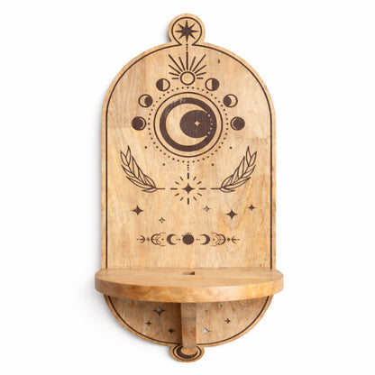 Moon Phase & Tree Arch Wall Shelf, Carved Mango Wood