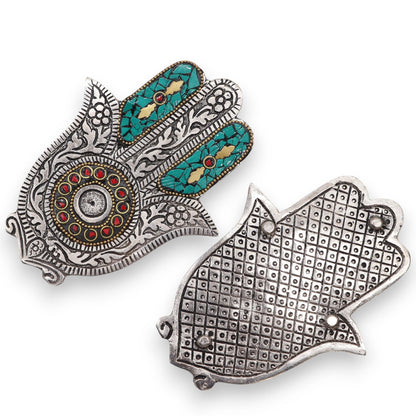 Hamsa Incense Holder - Green Aluminium, 13x5.5cm
