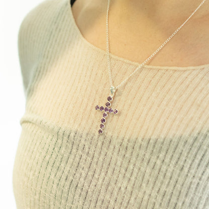 Indian Devotional Pendant - Silver Plated (45cm Chain)- Amethyst Crucifix – detail view