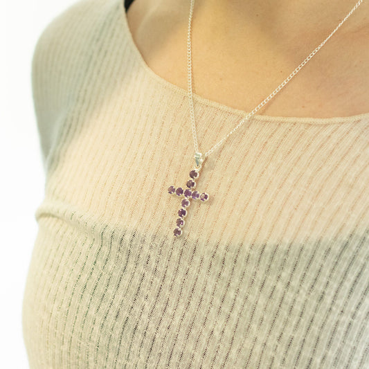 Indian Devotional Pendant - Silver Plated (45cm Chain)- Amethyst Crucifix – detail view