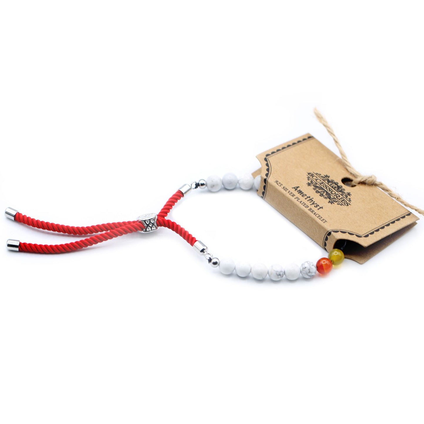 925 Silver Plated Gemstone Royal Red String Bracelet - White Howlite Chakra – detail view
