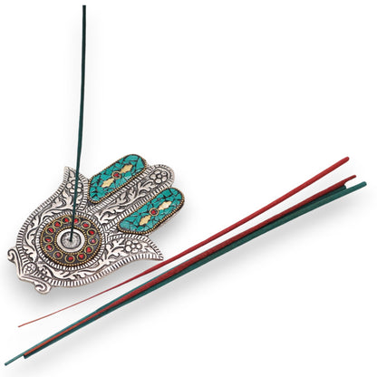Hamsa Incense Holder - Green Aluminium, 13x5.5cm