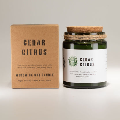Greenman Woodwick Soy Candle - Cedar Citrus – lifestyle shot