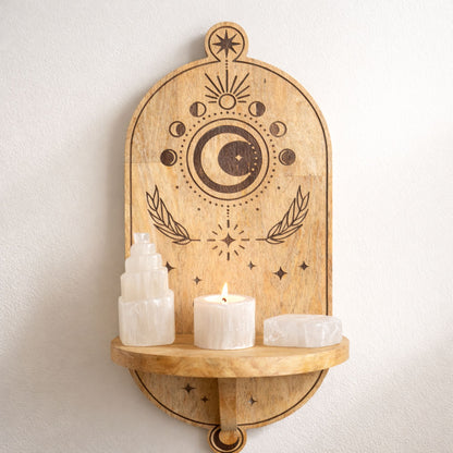 Moon Phase & Tree Arch Wall Shelf, Carved Mango Wood