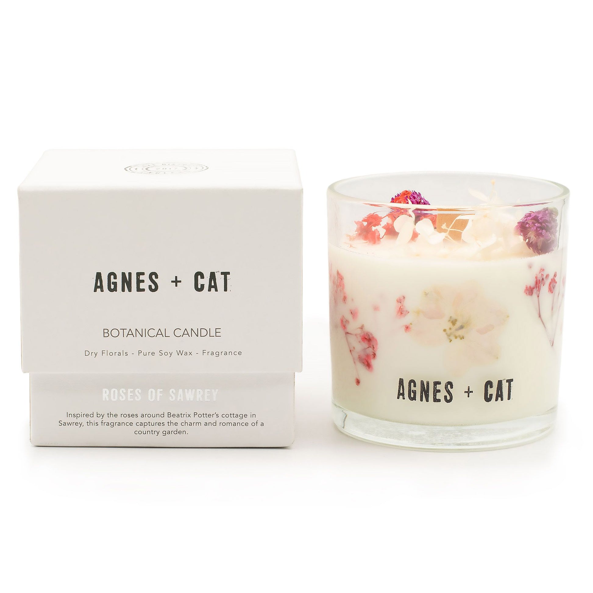 Agnes + Cat Botanical Soy Wax Candle - Roses of Sawrey – detail view