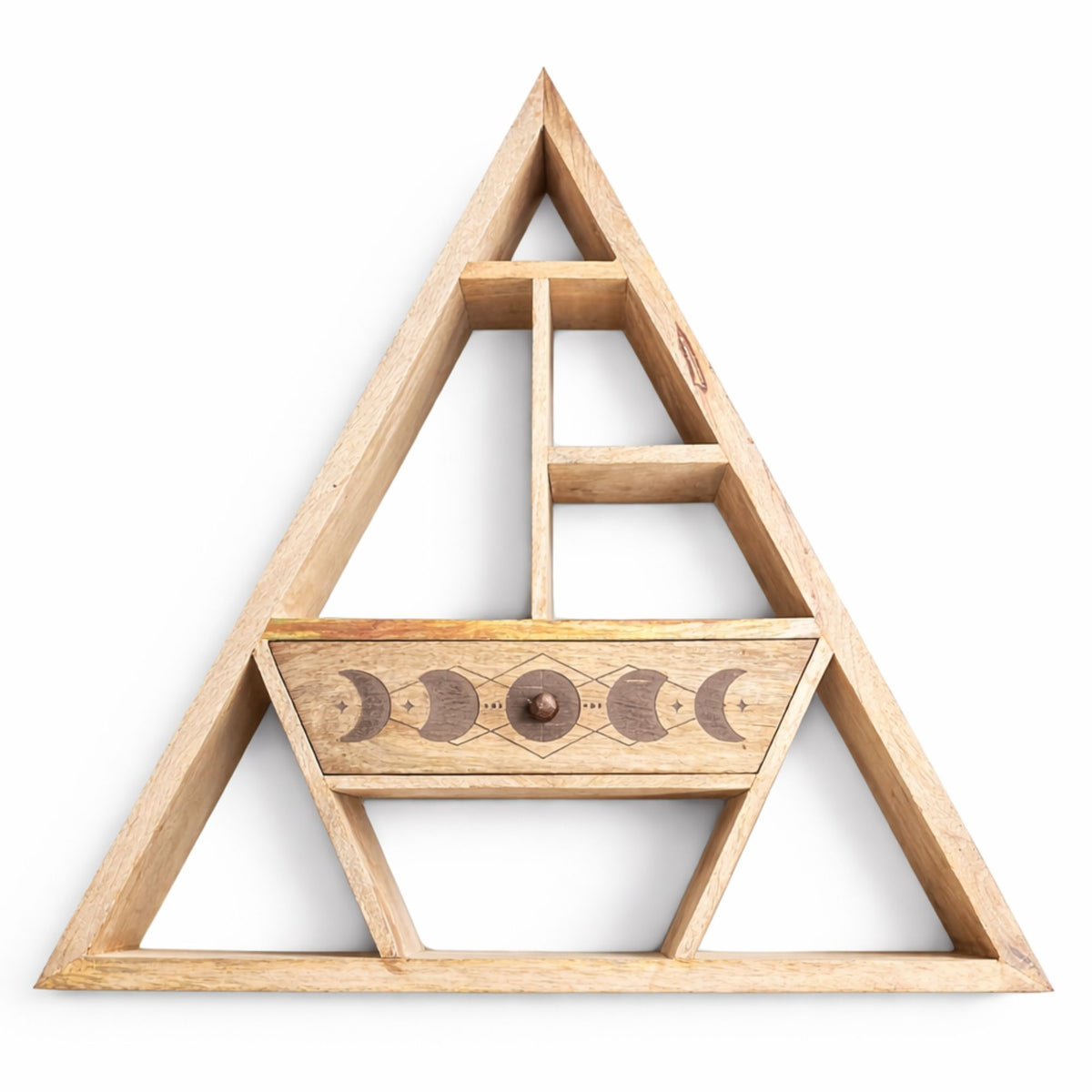 Moon Phase Triangle Wall Shelf with Drawer, Mango Wood